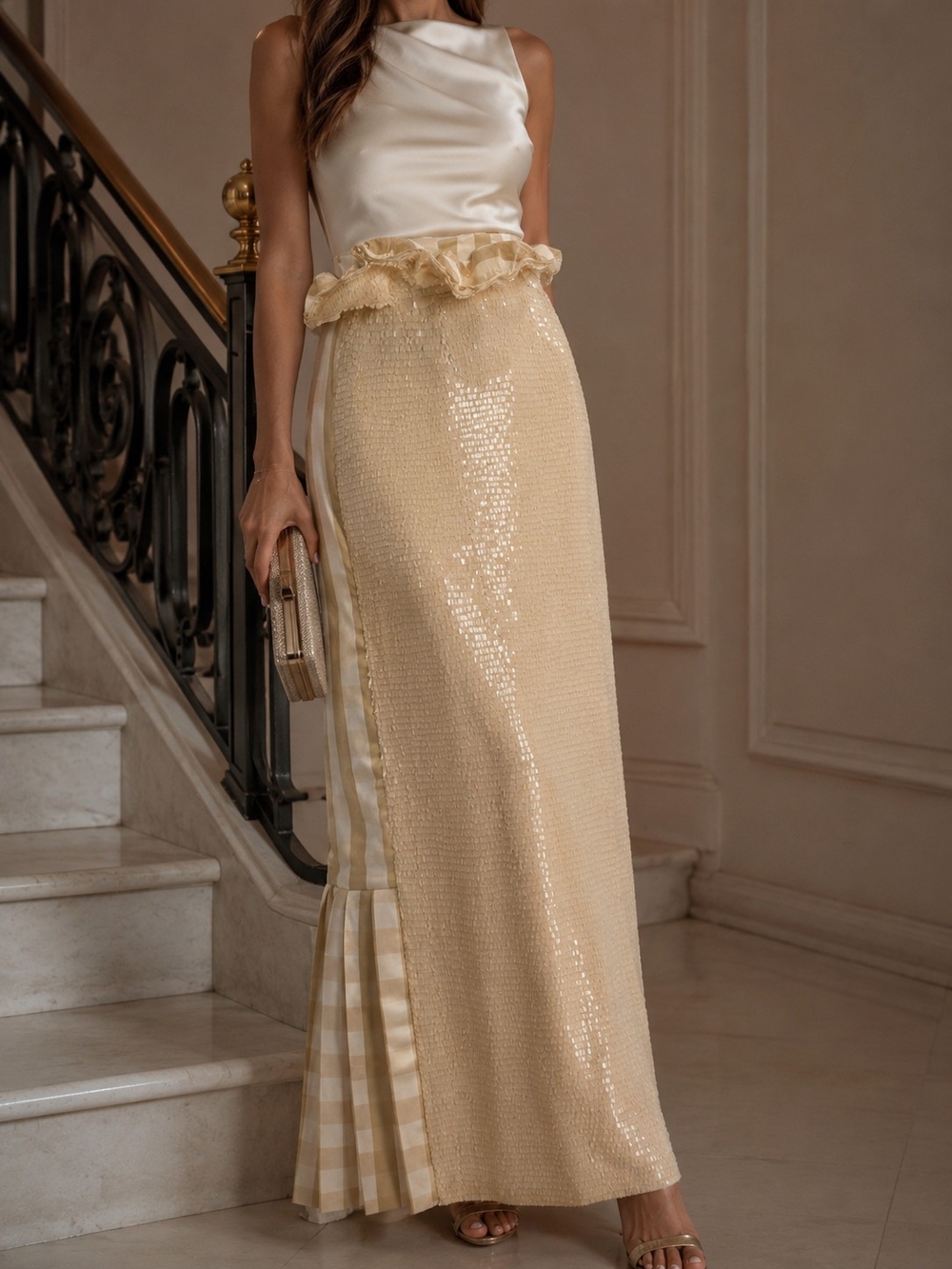 Johanne Ortiz Atacama Silk Iridescent Sequin Maxi Skirt High Waist Cream & Gold